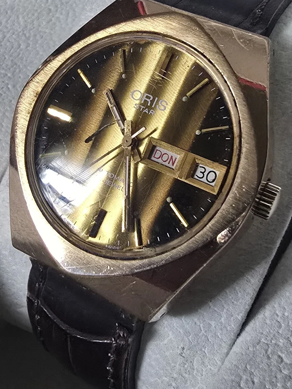 Oris Star Gold-Tone Case with Black Dial and Brown Strap